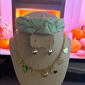 Gold Heart Charm Necklace, Earring & Headband Set